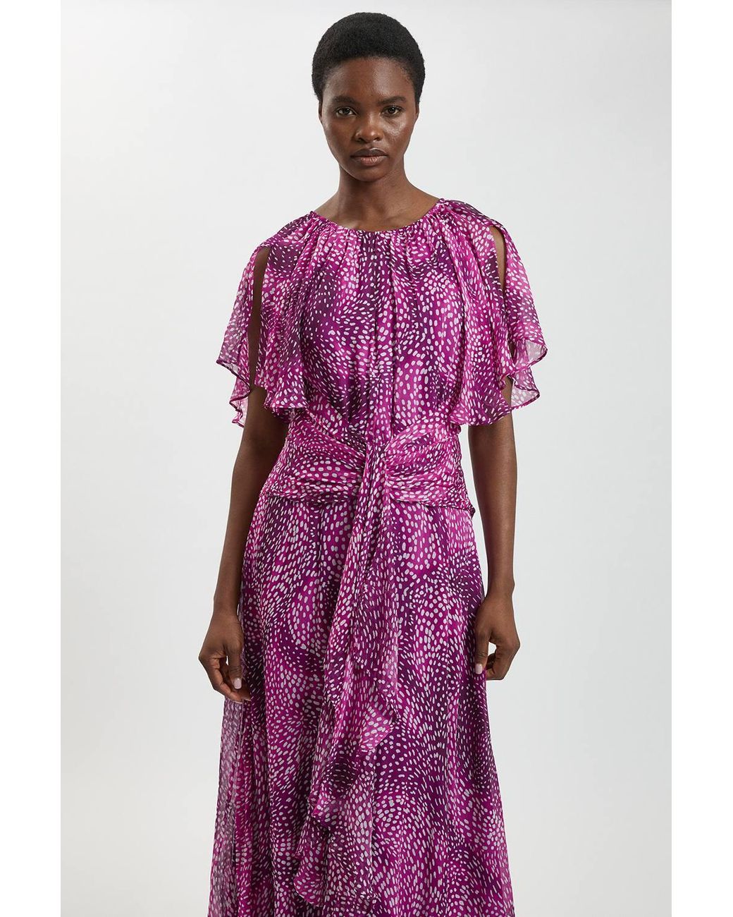 Karen Millen Purple Spot Print Viscose Georgette Cape Sleeve Ruffle Woven Maxi Dress