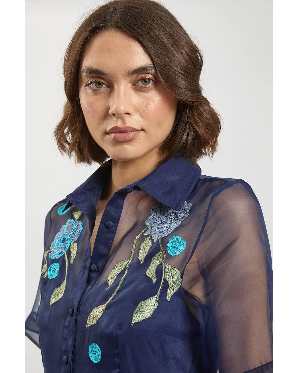 Karen Millen Blue Embroidered Detail Organdie Belted Shirt Dress