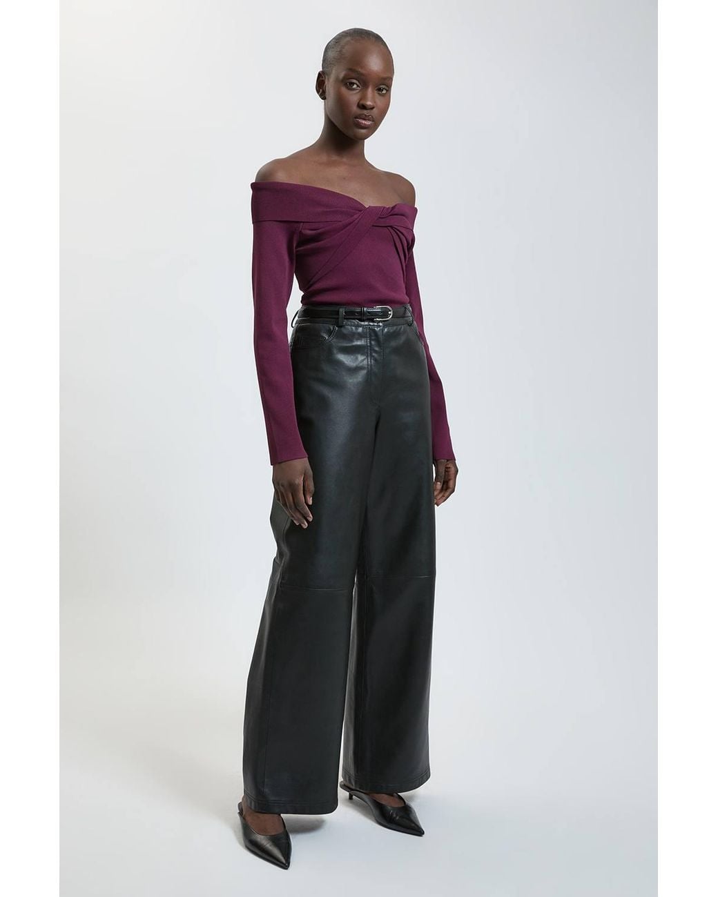 Karen Millen Red Twist Front Viscose Knitted Bardot Top