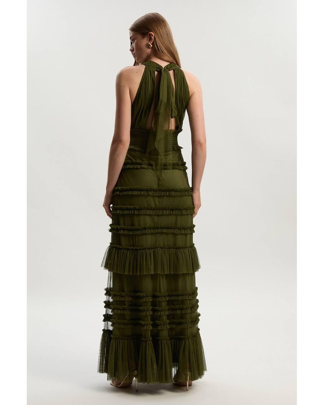 Karen Millen Green Tulle Layered Halter Neck Maxi Dress