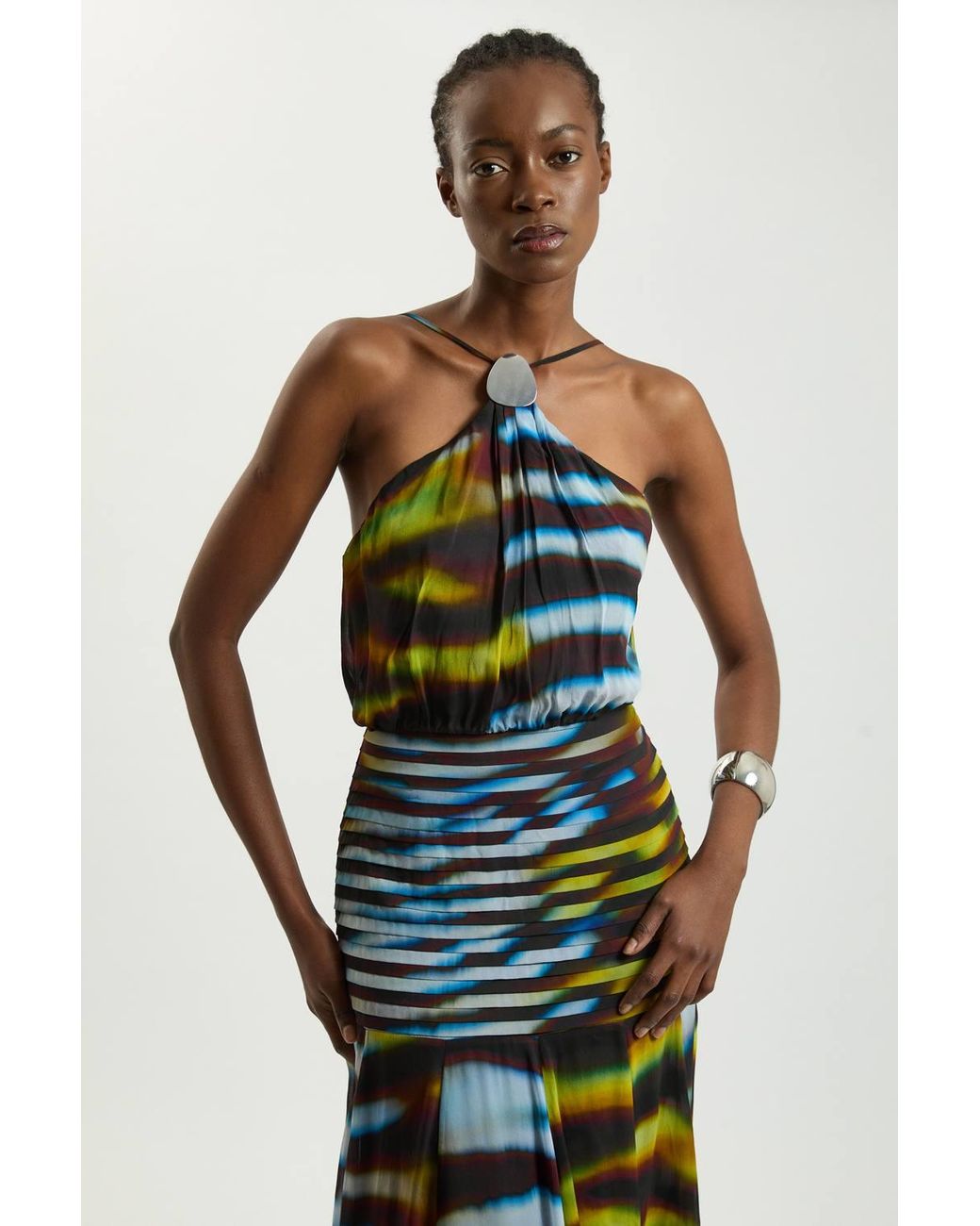 Karen Millen White Viscose Georgette Drop Hem Animal Print Woven Halterneck Maxi Dress