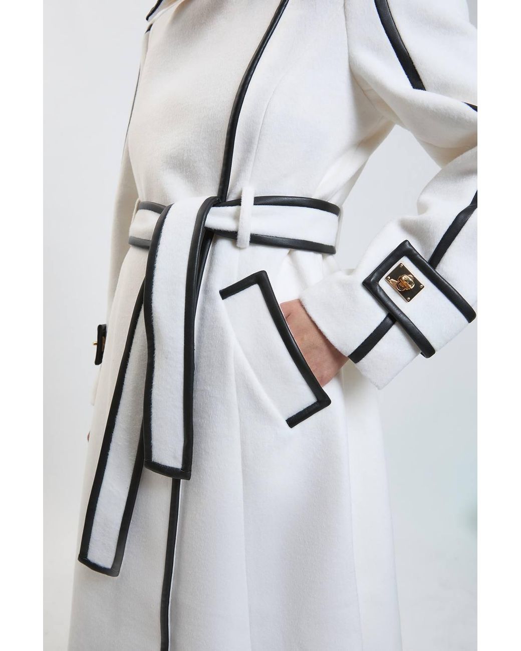 Karen Millen White Petite Brushed Wool Pu Trim Belted Tailored Double Breasted Midi Coat