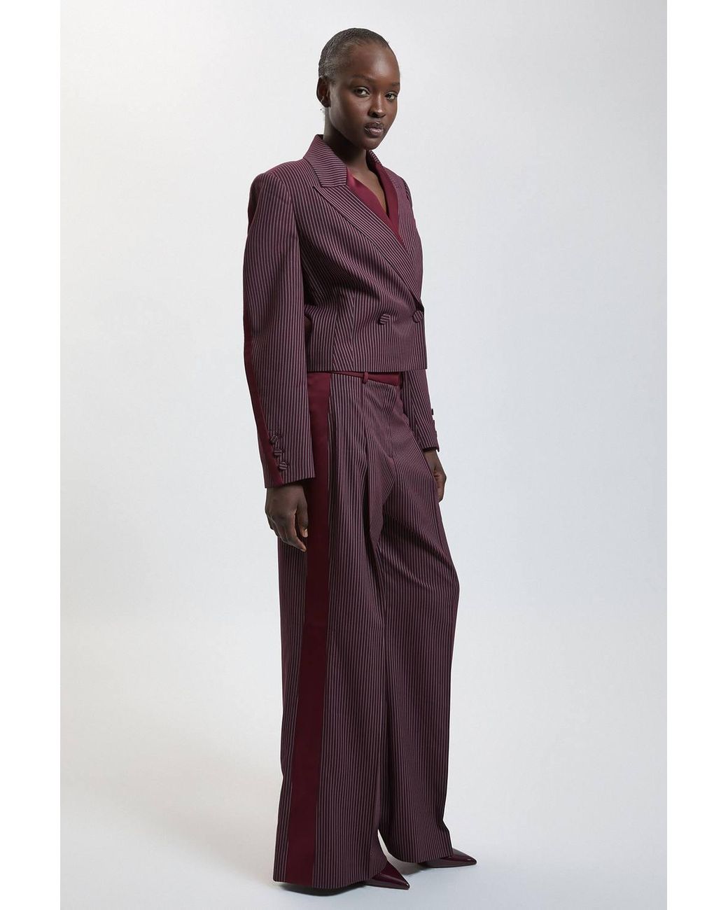 Karen Millen Pinstripe Satin Mix Tailored Wide Leg Trouser