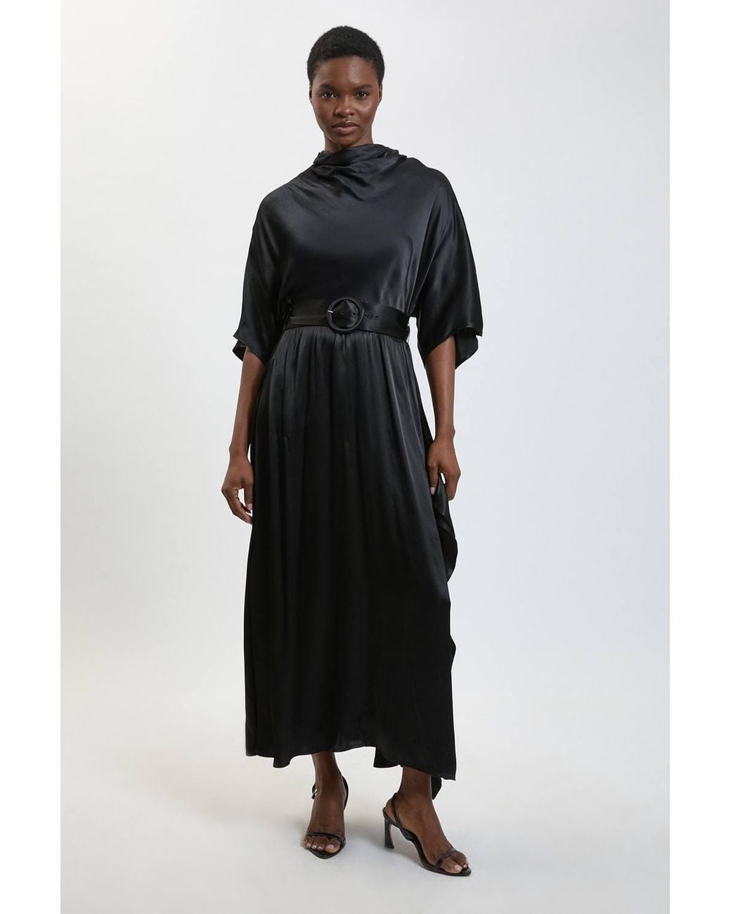 Karen Millen Black Petite Viscose Satin Asymmetric Ruffle Midi Dress