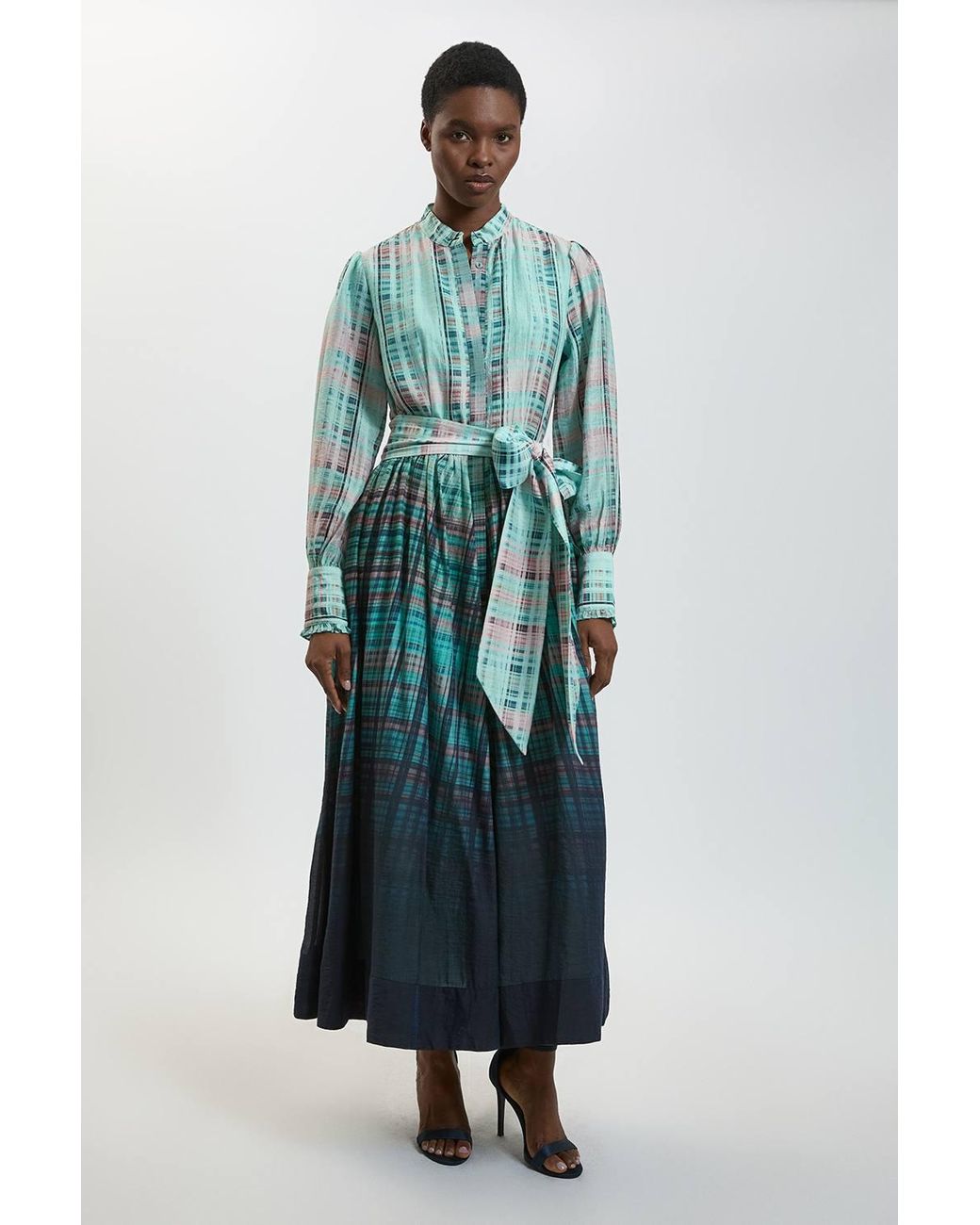 Karen Millen Blue Check Fluid Organza Belted Shirt Dress