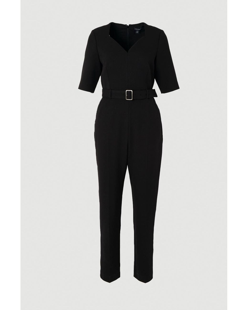 Karen Millen Black Forever Structured Crepe Notch Neck Belted Tailored Jumpsuit
