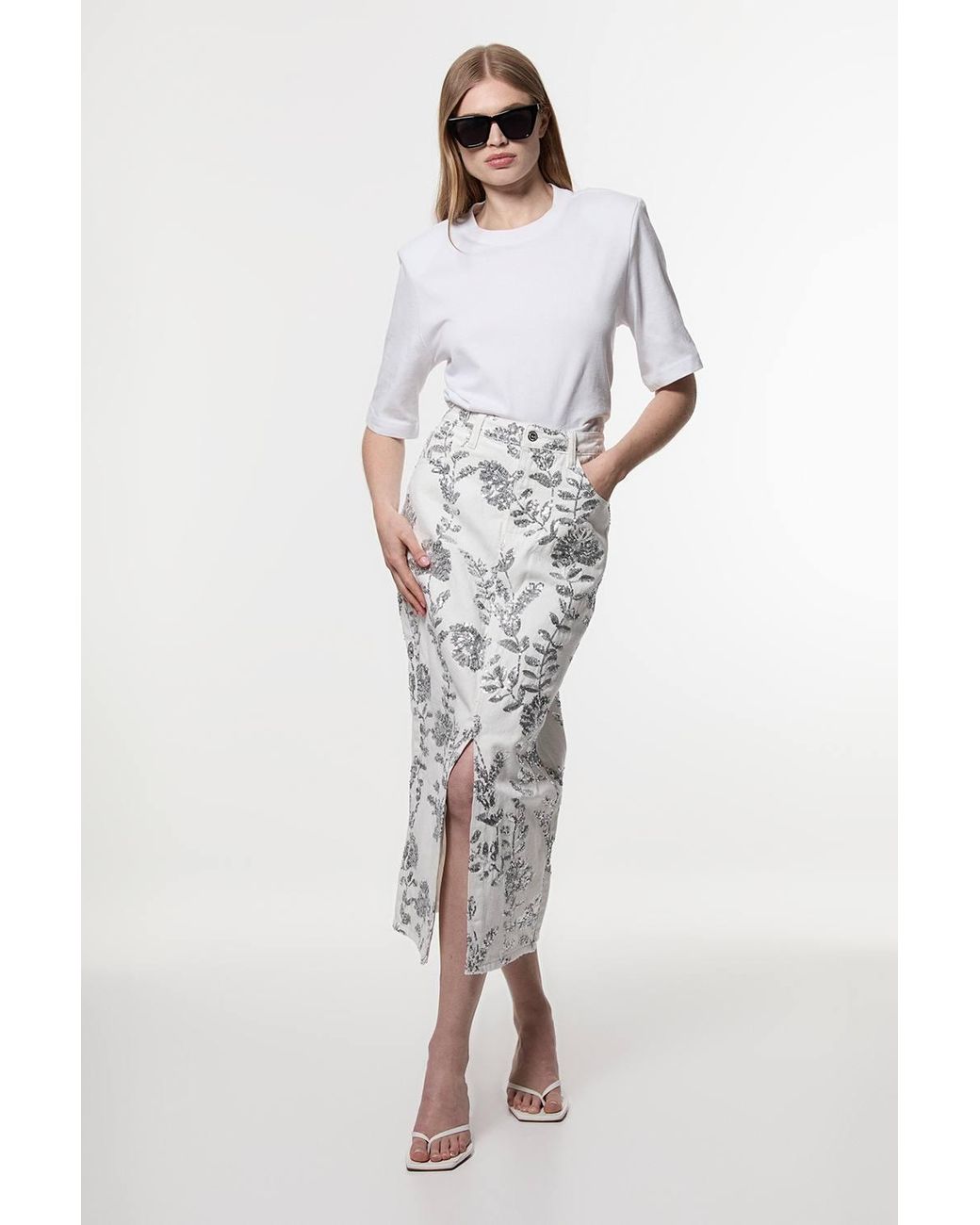 Karen Millen White Denim All Over Floral Sequin Skirt