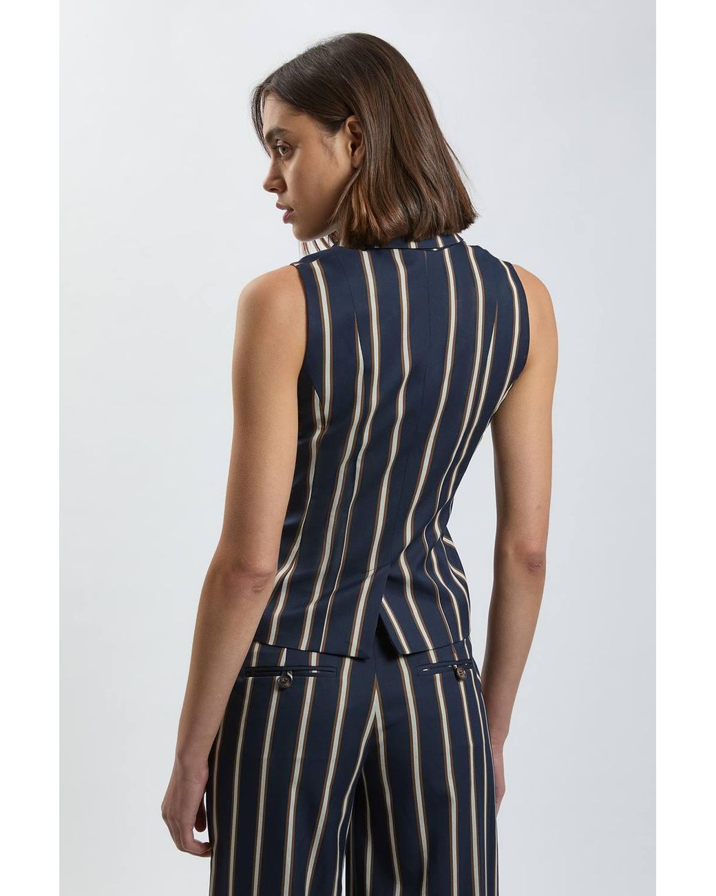 Karen Millen Blue Stripe Single Breasted Sleeveless Jacket