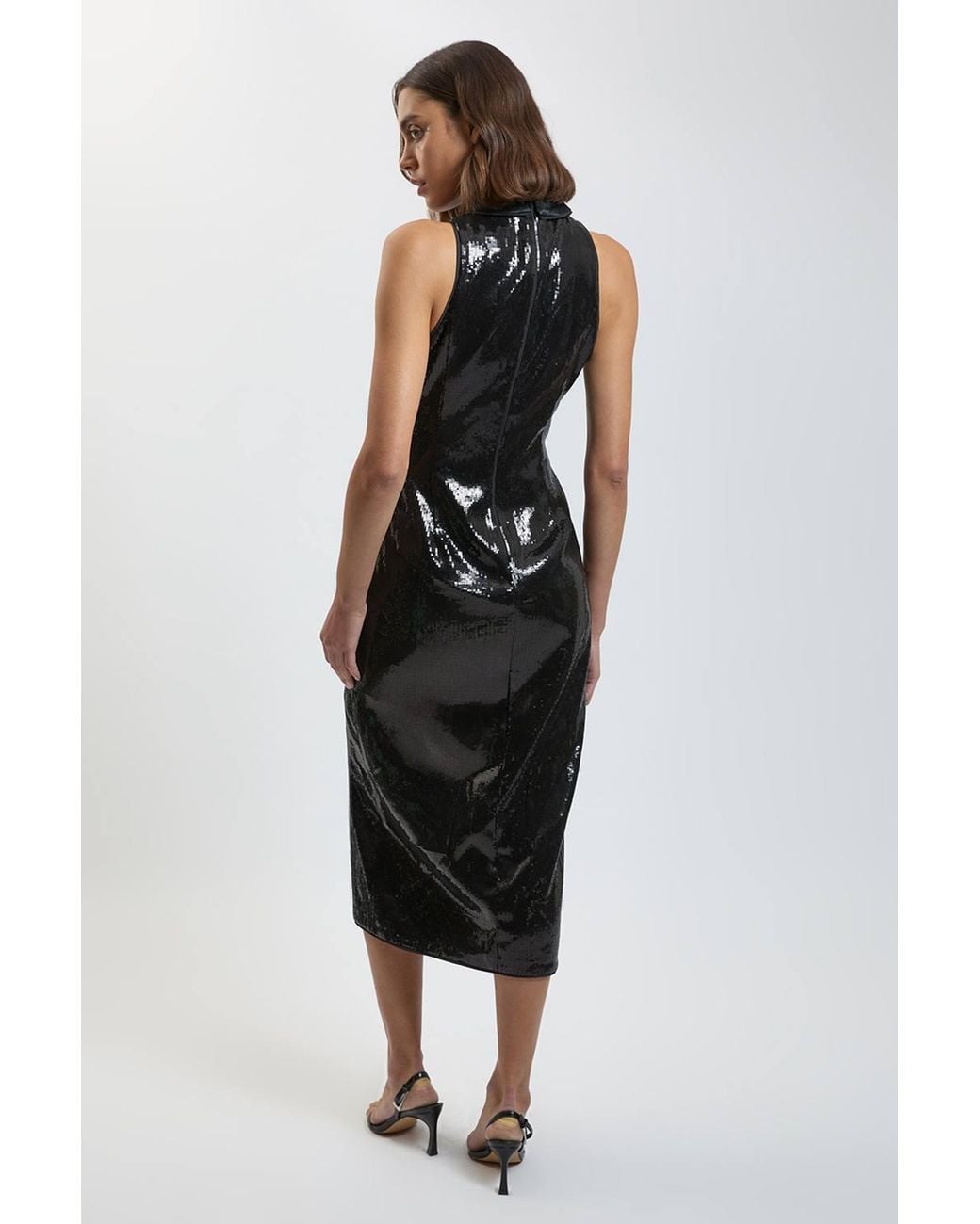 Karen Millen Black Sequin And Satin Mix Tailored Midi Dress