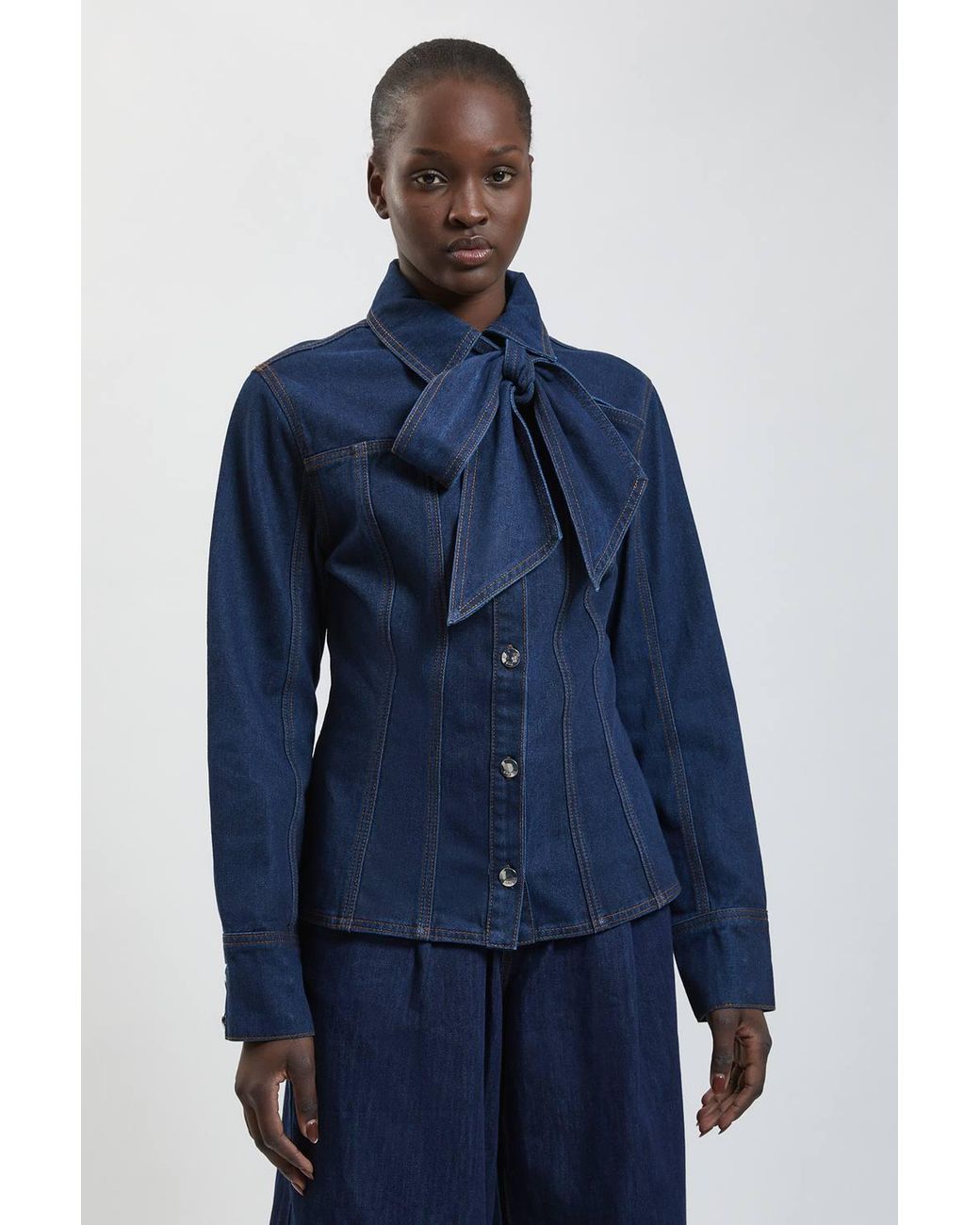 Karen Millen Blue Denim Pussybow Button Down Shirt