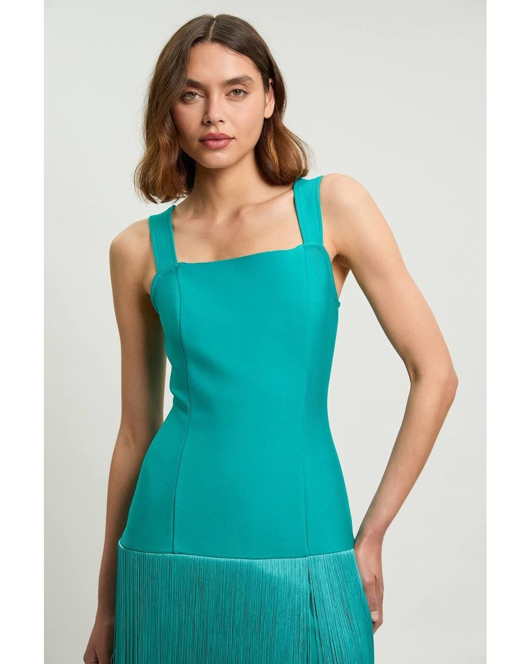 Karen Millen Blue Petite Figure Form Bandage Strappy Tassel Hem Knitted Dress