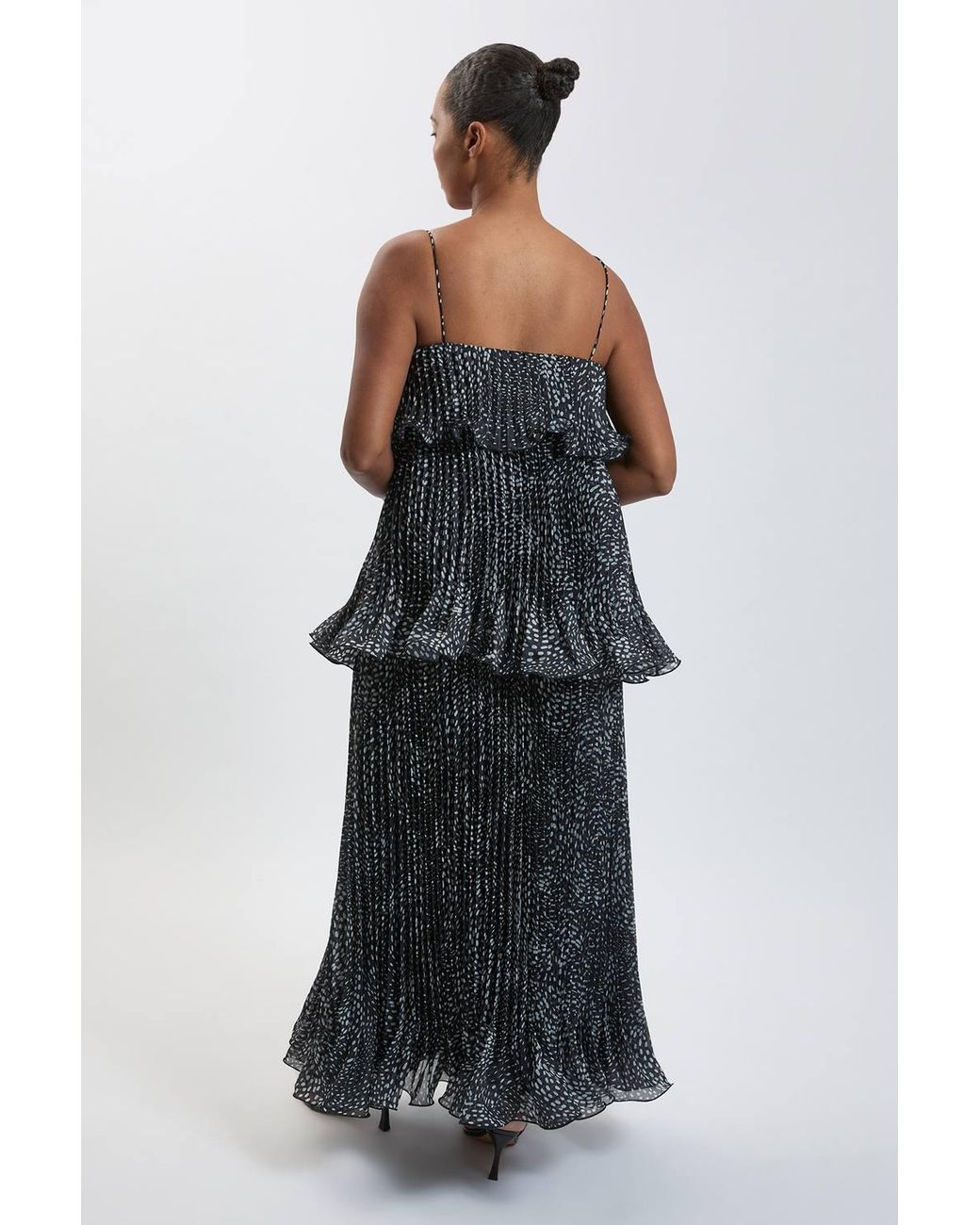 Karen Millen Black Plus Size Spot Print Pleated Slub Organdie Peplum Woven Maxi Dress