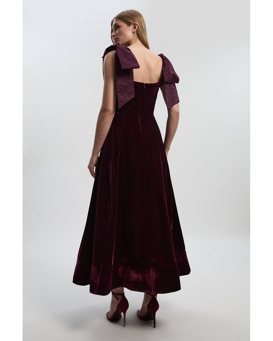 Karen Millen Purple Velvet Bardot Woven Prom Midaxi Dress With Taffeta Bow
