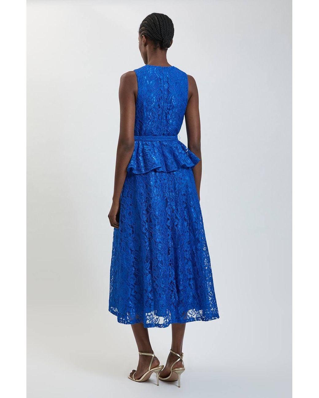 Karen Millen Blue Peplum Detail Belted Lace Midi Dress