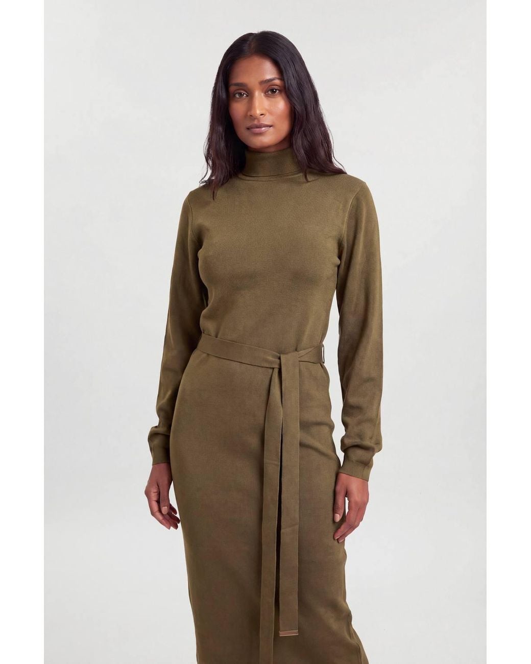 Karen Millen Green Petite Slinky Drape Knitted Banana Sleeve Funnel Neck Midi Dress