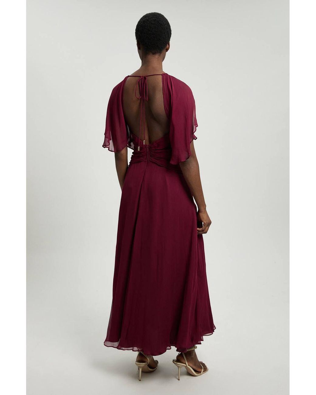 Karen Millen Red Viscose Georgette Cape Sleeve Ruffle Woven Maxi Dress