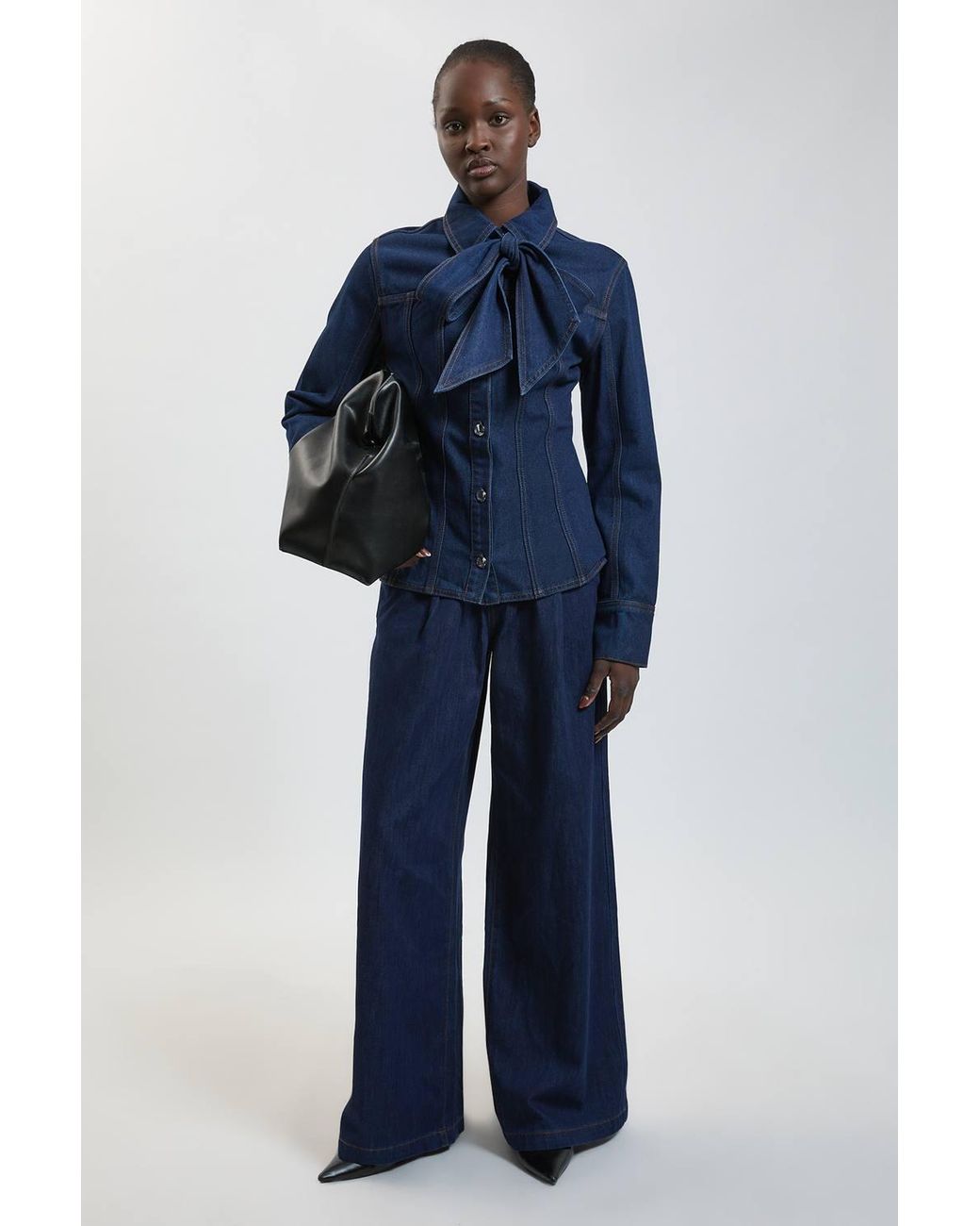 Karen Millen Blue Denim Pussybow Button Down Shirt