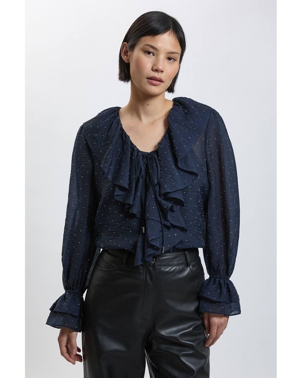 Karen Millen Blue Petite Hotfix Tencel Frill Front Blouse