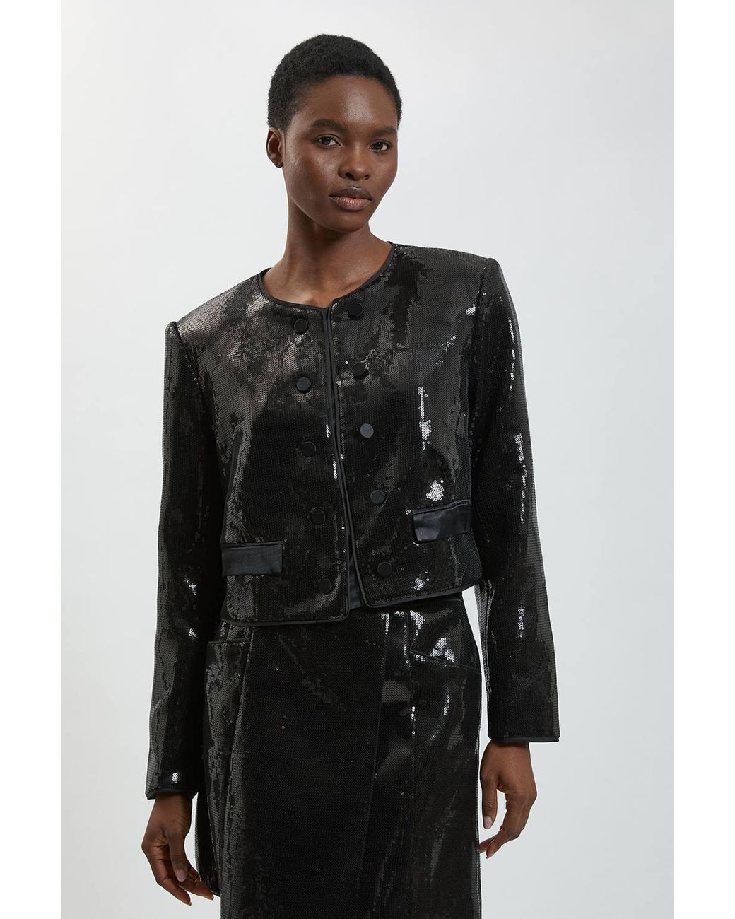Karen Millen Black Sequin And Satin Collarless Tailored Jacket