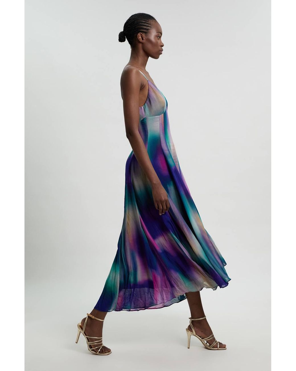 Karen Millen Blue Petite Crinkle Georgette Strappy Blur Print Woven Midi Dress