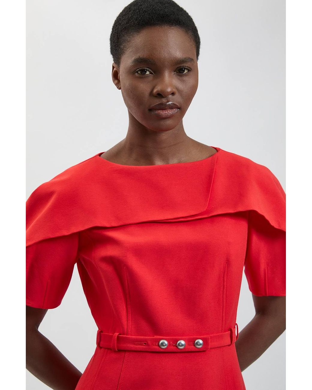 Karen Millen Red Polished Compact Rounded Full Skirted Midi Dress