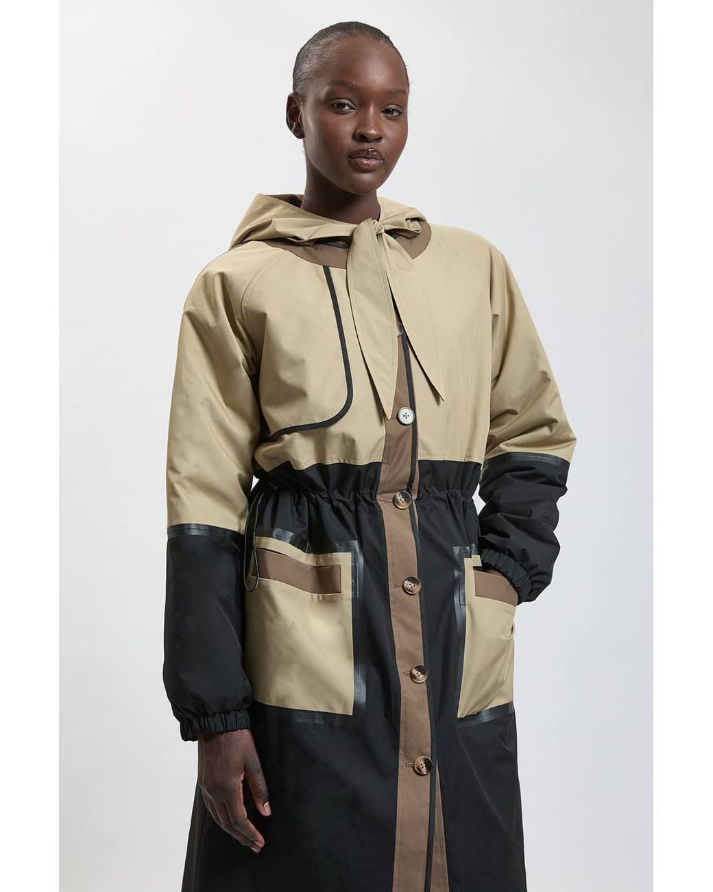Karen Millen Natural Colourblock Padded Scarf Hood Coat