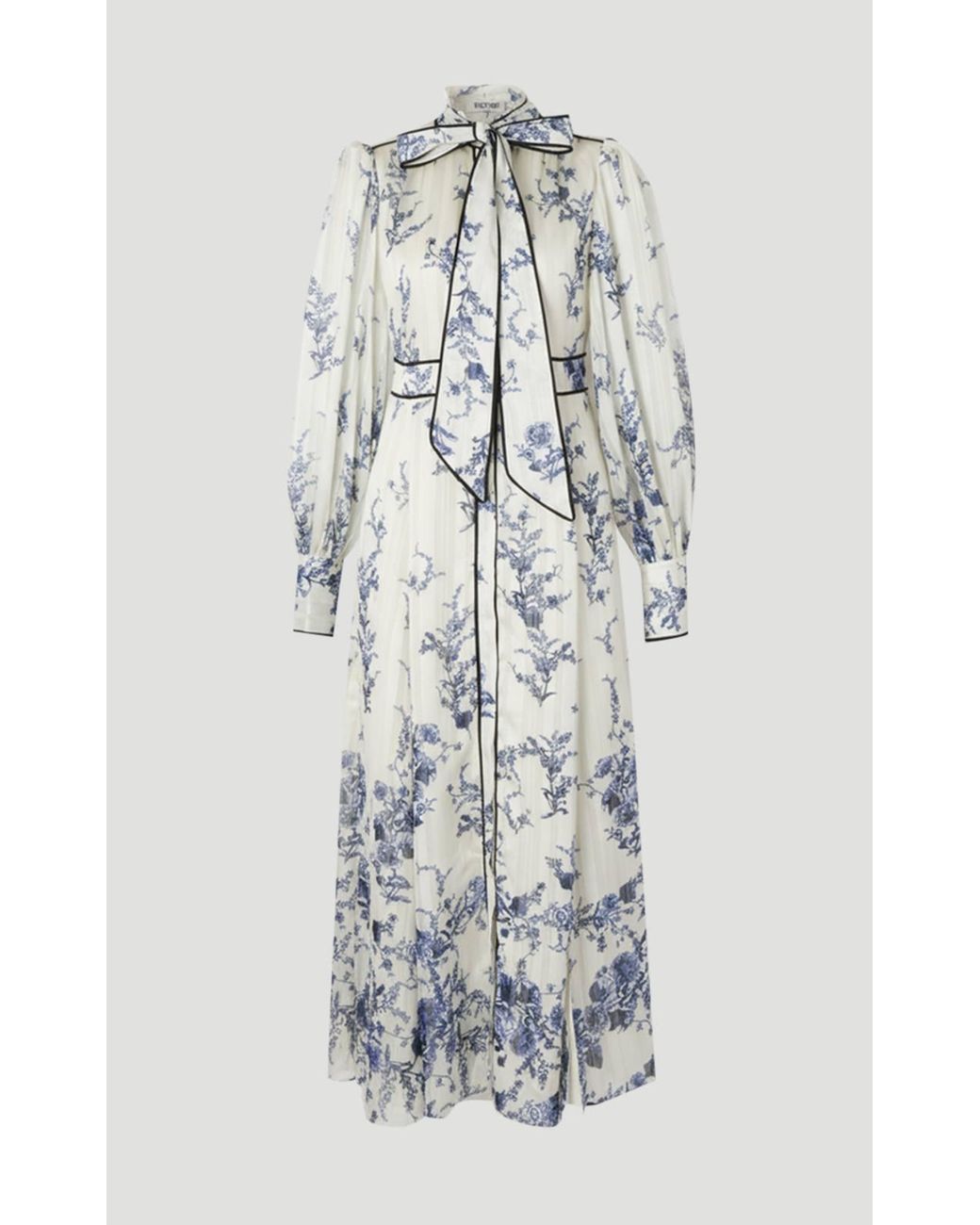 Karen Millen Blue Floral Print Tie Neck Woven Balloon Sleeve Midaxi Dress