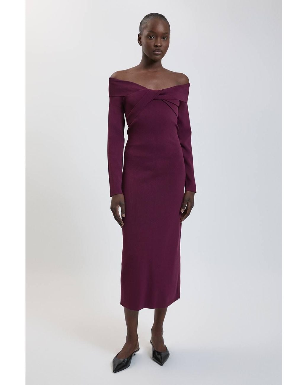 Karen Millen Purple Twist Front Viscose Knitted Bardot Midi Dress