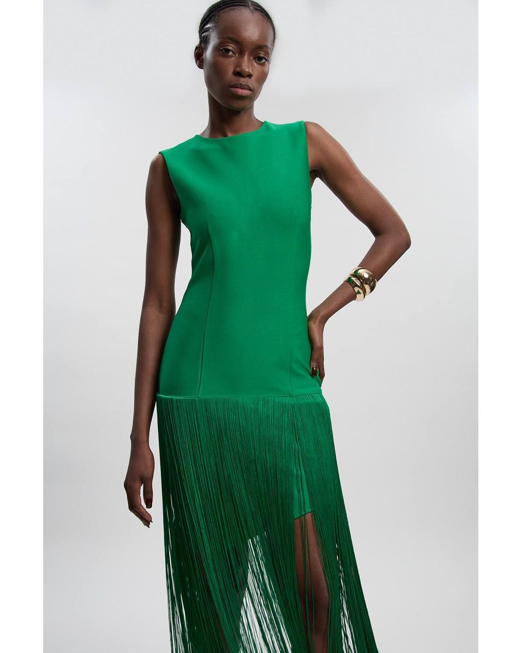 Karen Millen Green Figure Form Bandage Tassel Hem Knitted Dress