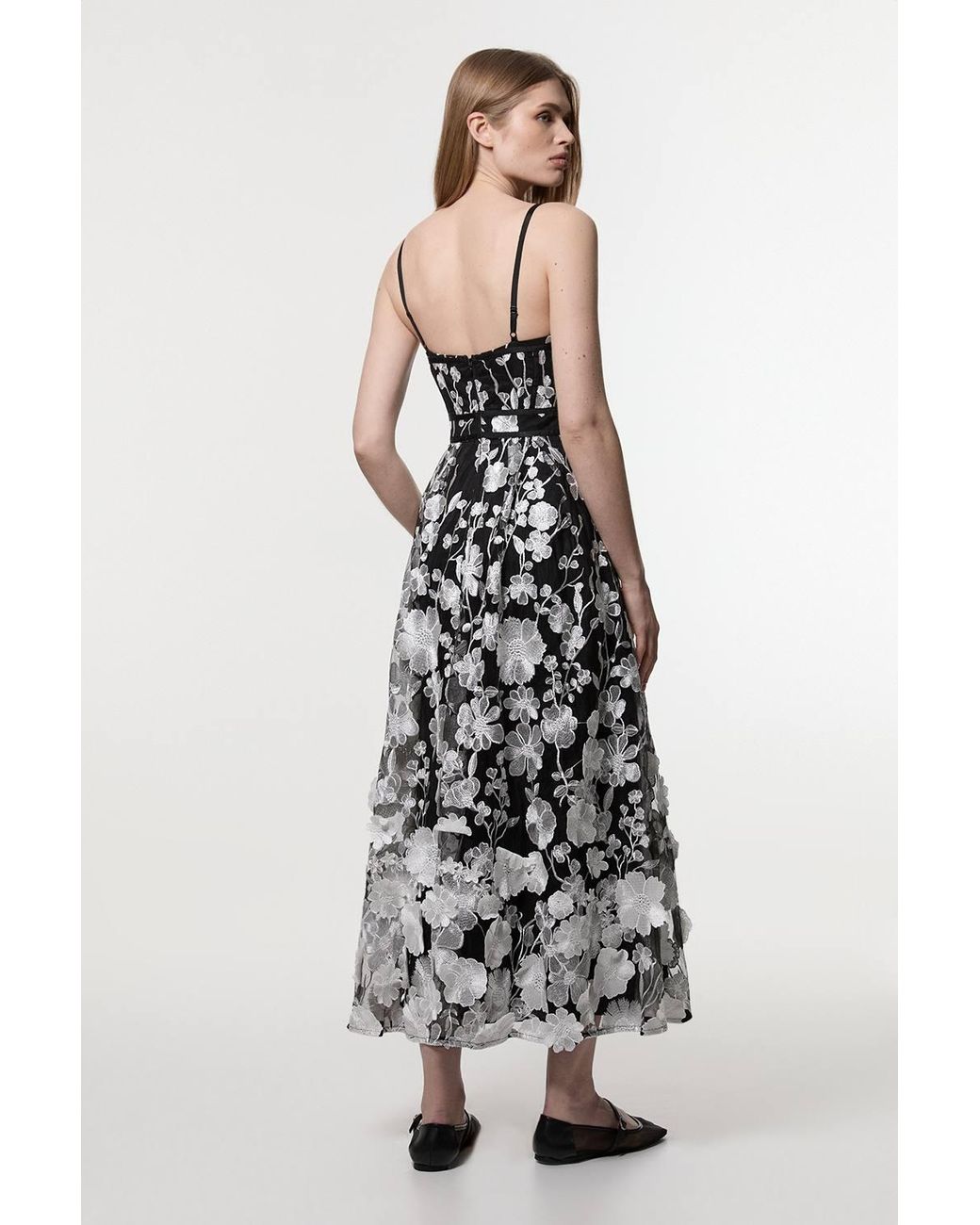 Karen Millen White Floral Applique Corset Detail Woven Midi Dress