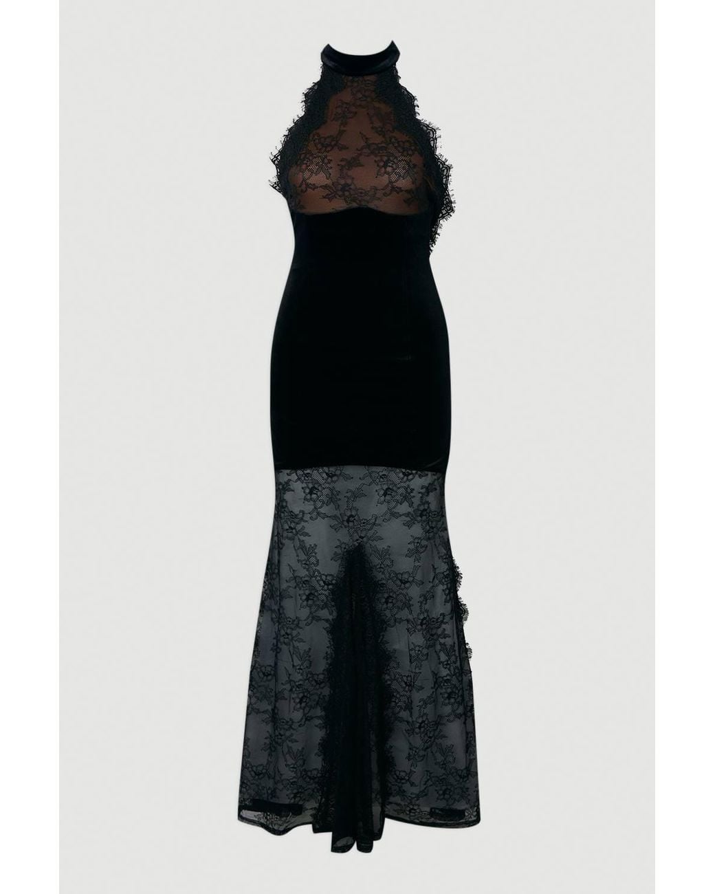 Karen Millen Black Lace With Velvet Detail Halter Neck Maxi Dress