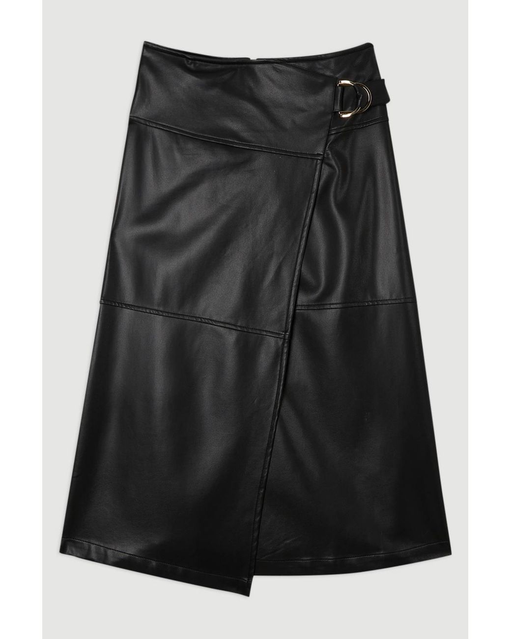 Karen Millen Black Faux Leather Tie Detail Wrap Midi Skirt