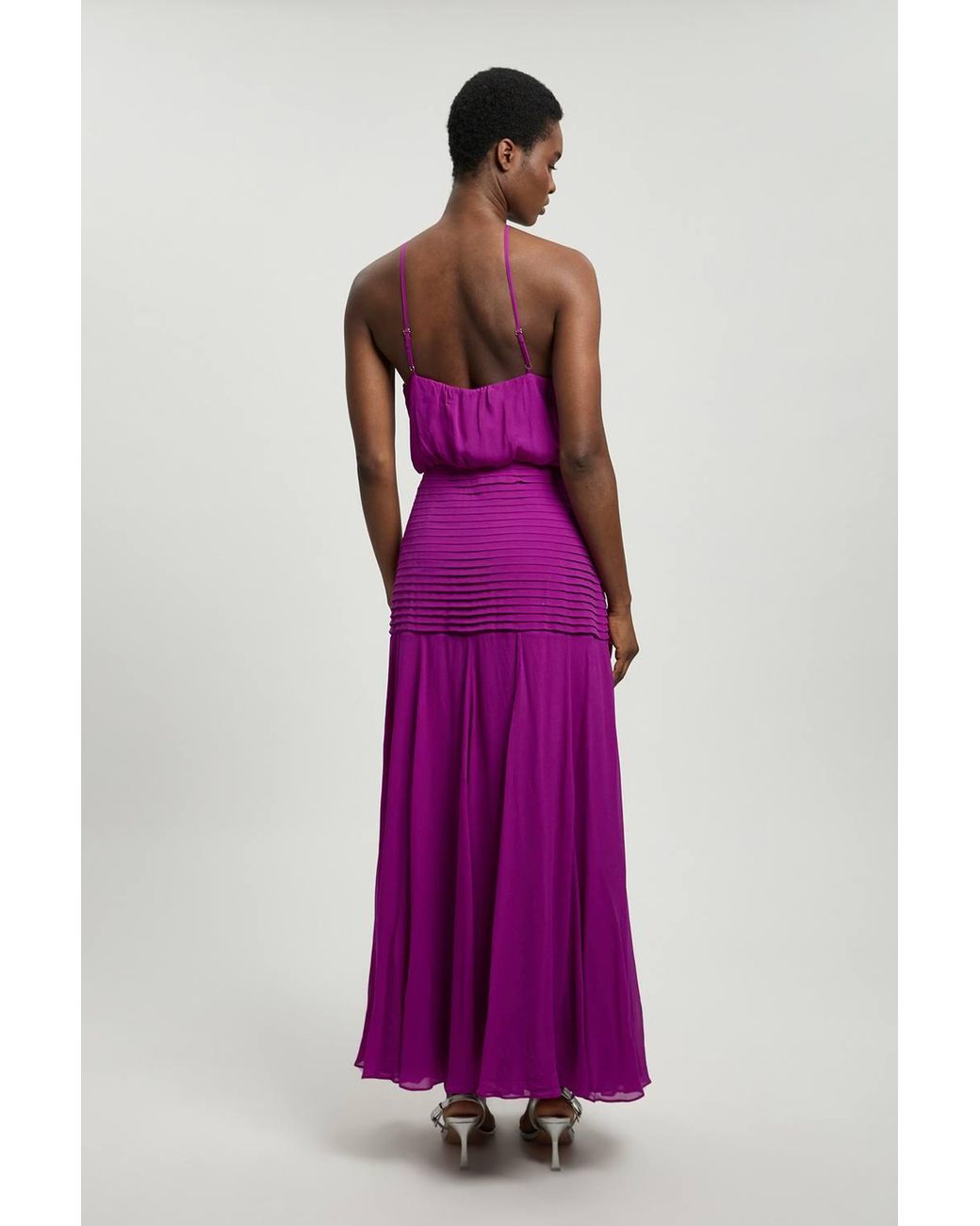 Karen Millen Purple Petite Viscose Georgette Drop Hem Woven Halter Neck Maxi Dress