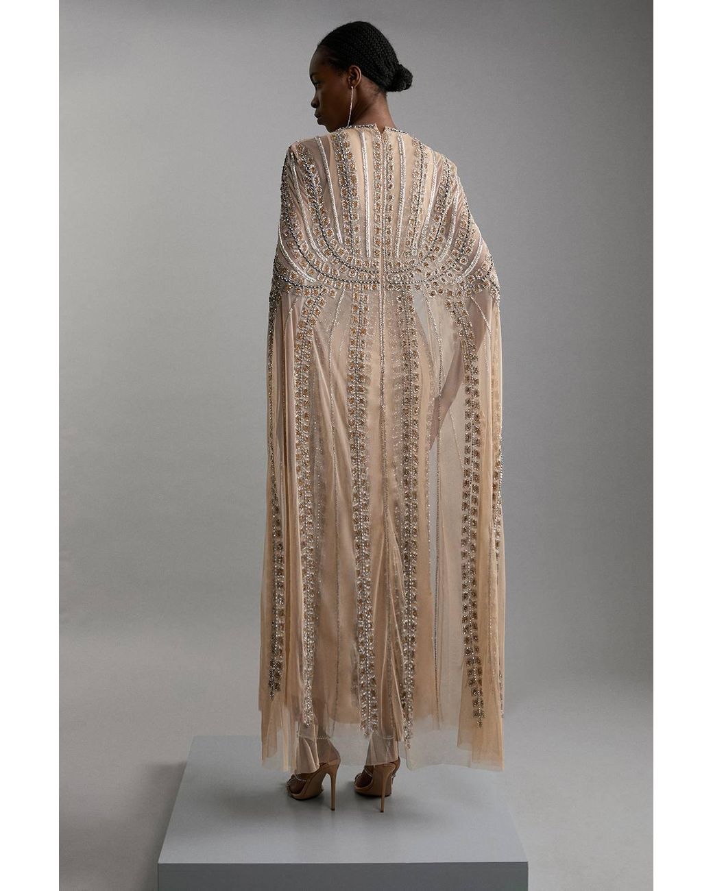 Karen Millen Brown Petite Premium Embellished Cape Maxi Dress