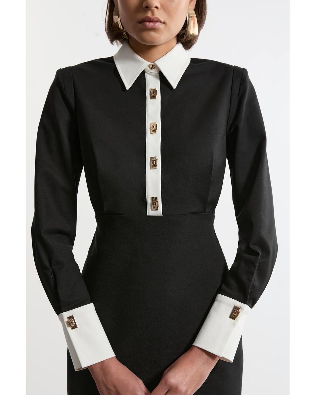 Karen Millen Black Petite Techno Cotton Woven Maxi Shirt Dress With Clasps