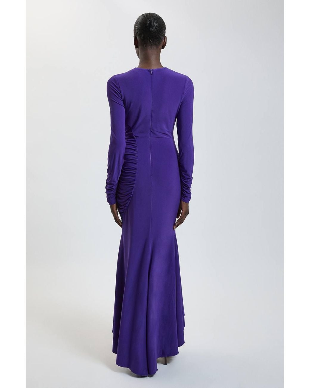 Karen Millen Purple Petite Long Sleeve Slinky Drape Ruched Detail Maxi Dress