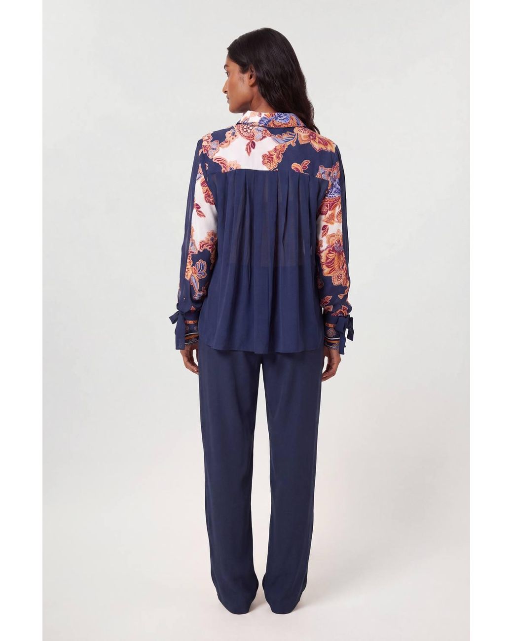 Karen Millen Blue Baroque Print Tie Sleeve Detail Viscose Shirt