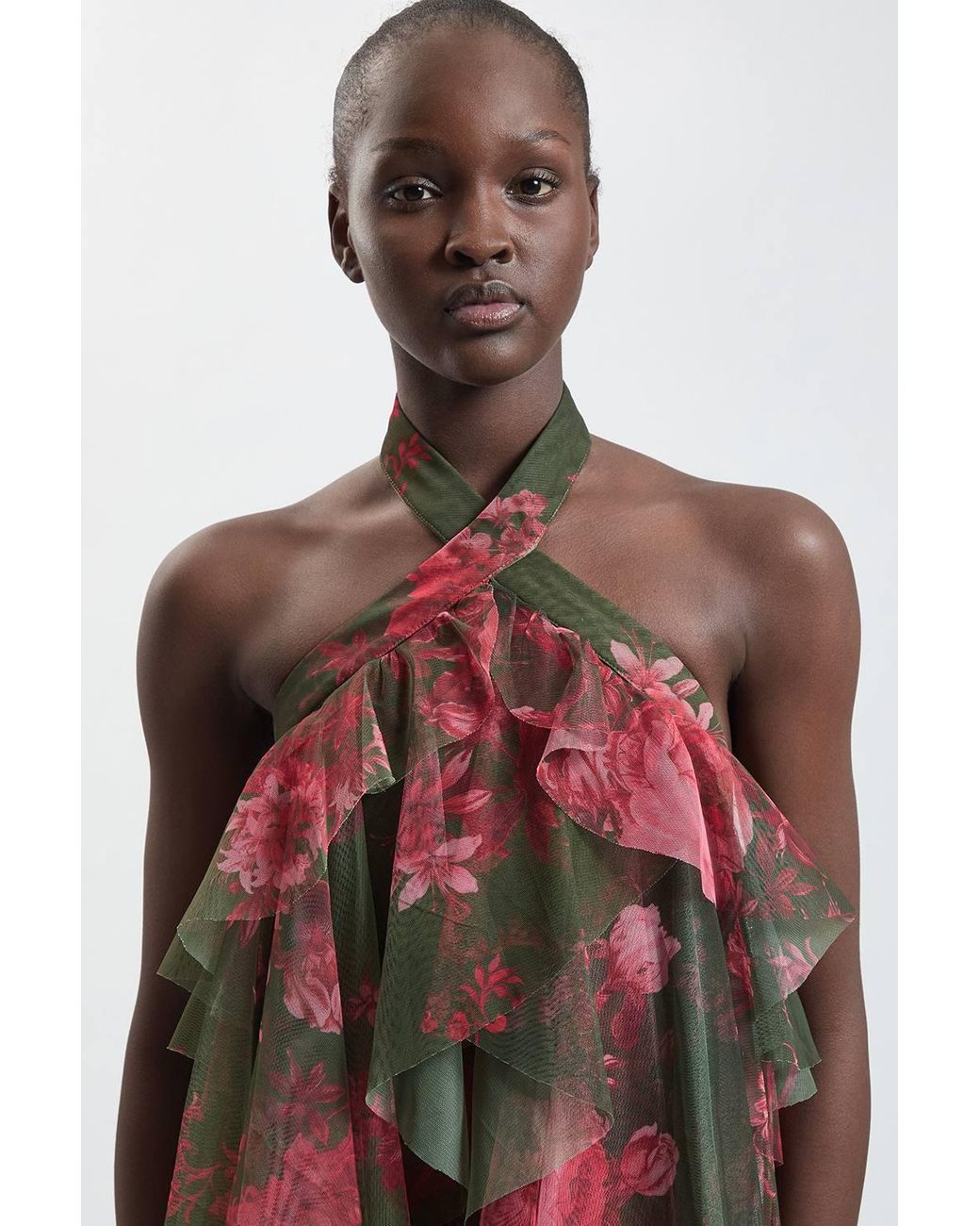 Karen Millen Green Floral Print Layered Tulle Halterneck Maxi Dress
