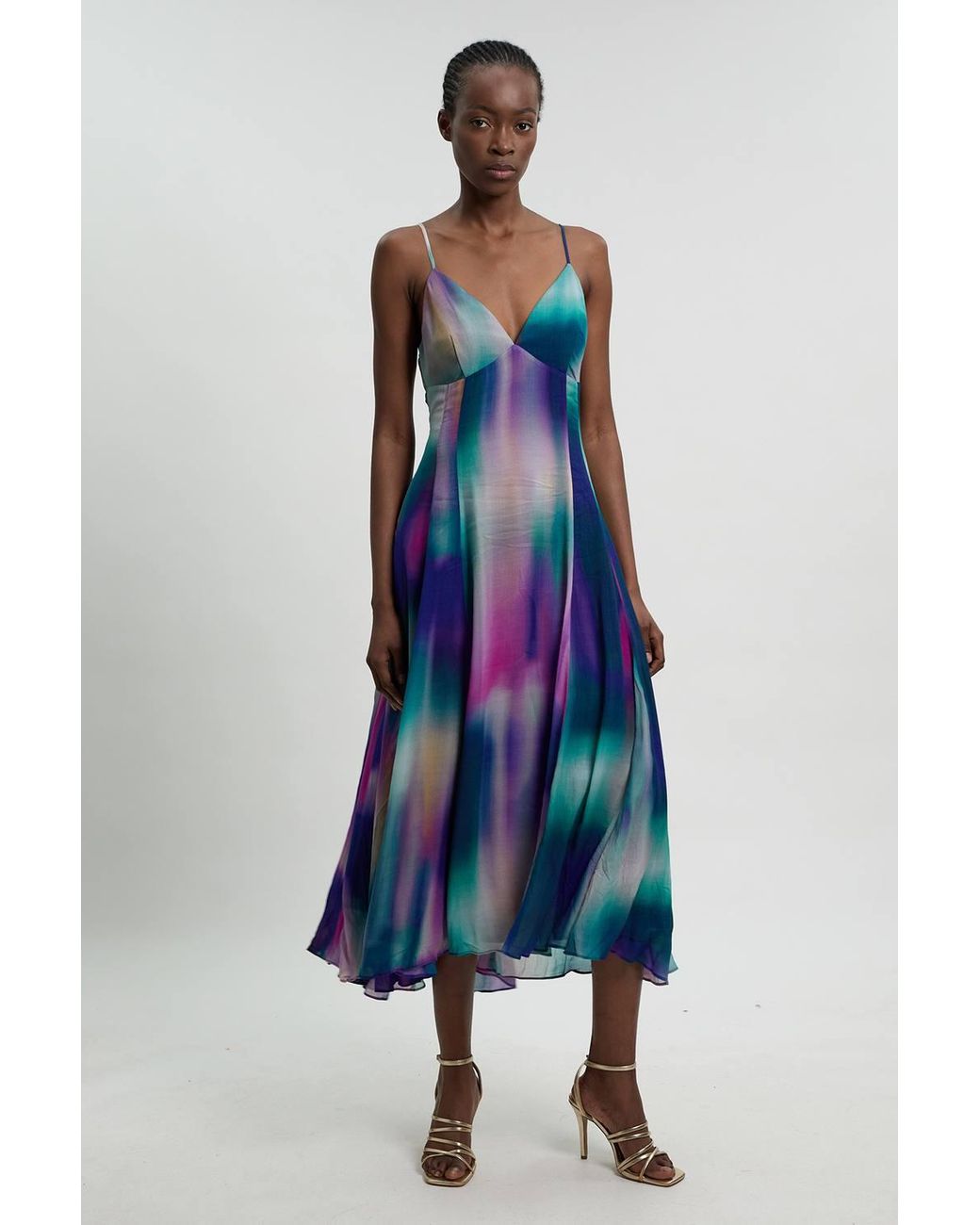 Karen Millen Blue Petite Crinkle Georgette Strappy Blur Print Woven Midi Dress