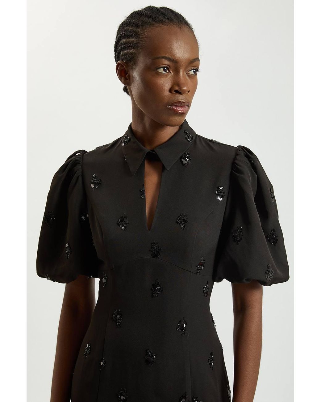 Karen Millen Black Embellished Short Sleeve Woven Midi Dress