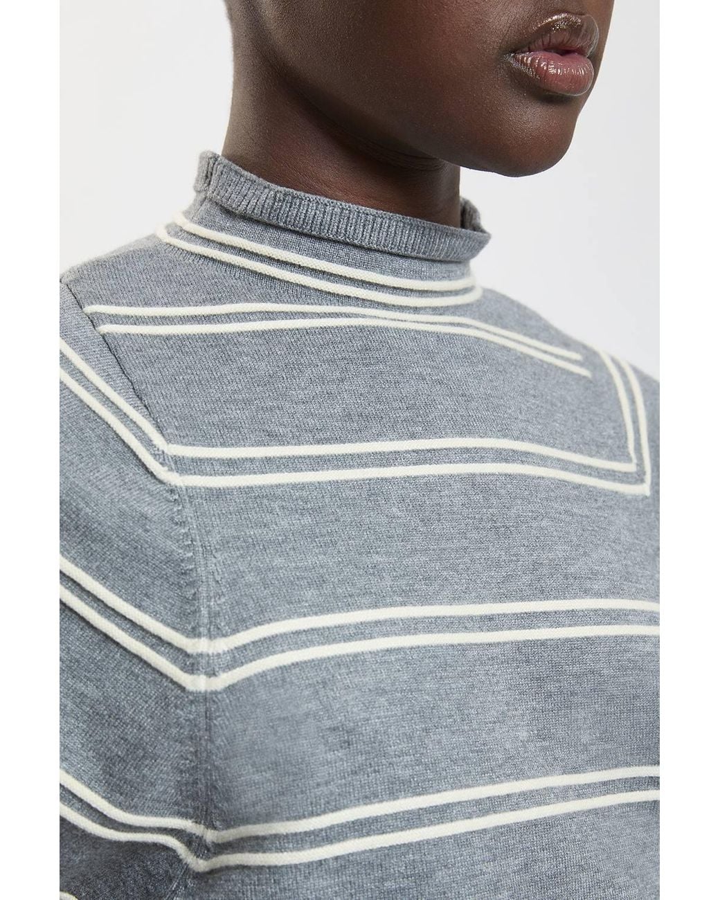 Karen Millen Gray Wool Look Rib Detail Long Sleeve Knitted Top