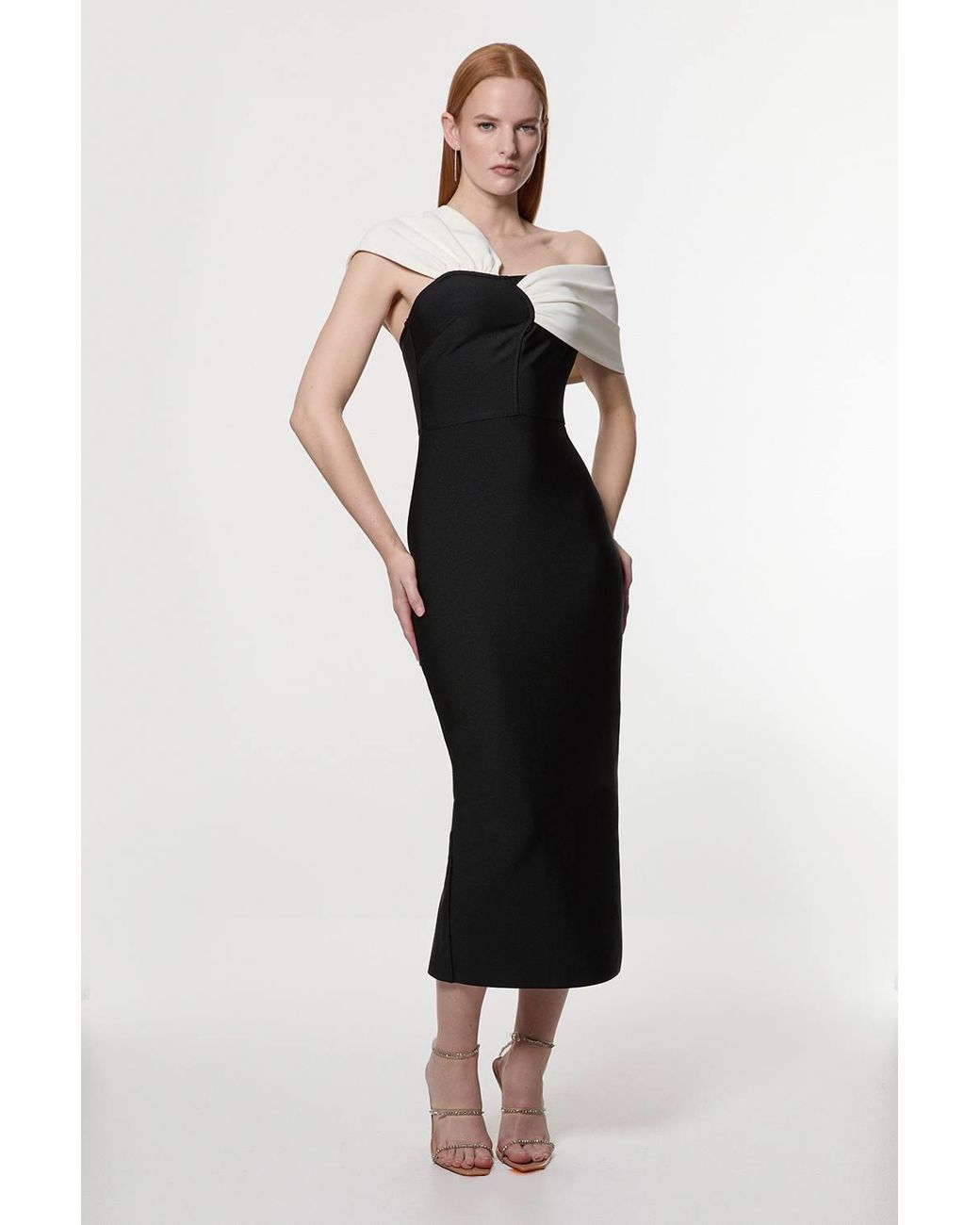 Karen Millen Black Figure Form Bandage Asymmetric Strap Knit Midi Dress