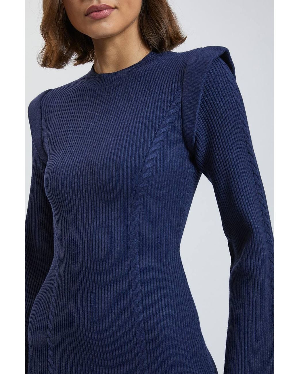 Karen Millen Blue Chain Stitch Wide Shoulder Knitted Midi Dress