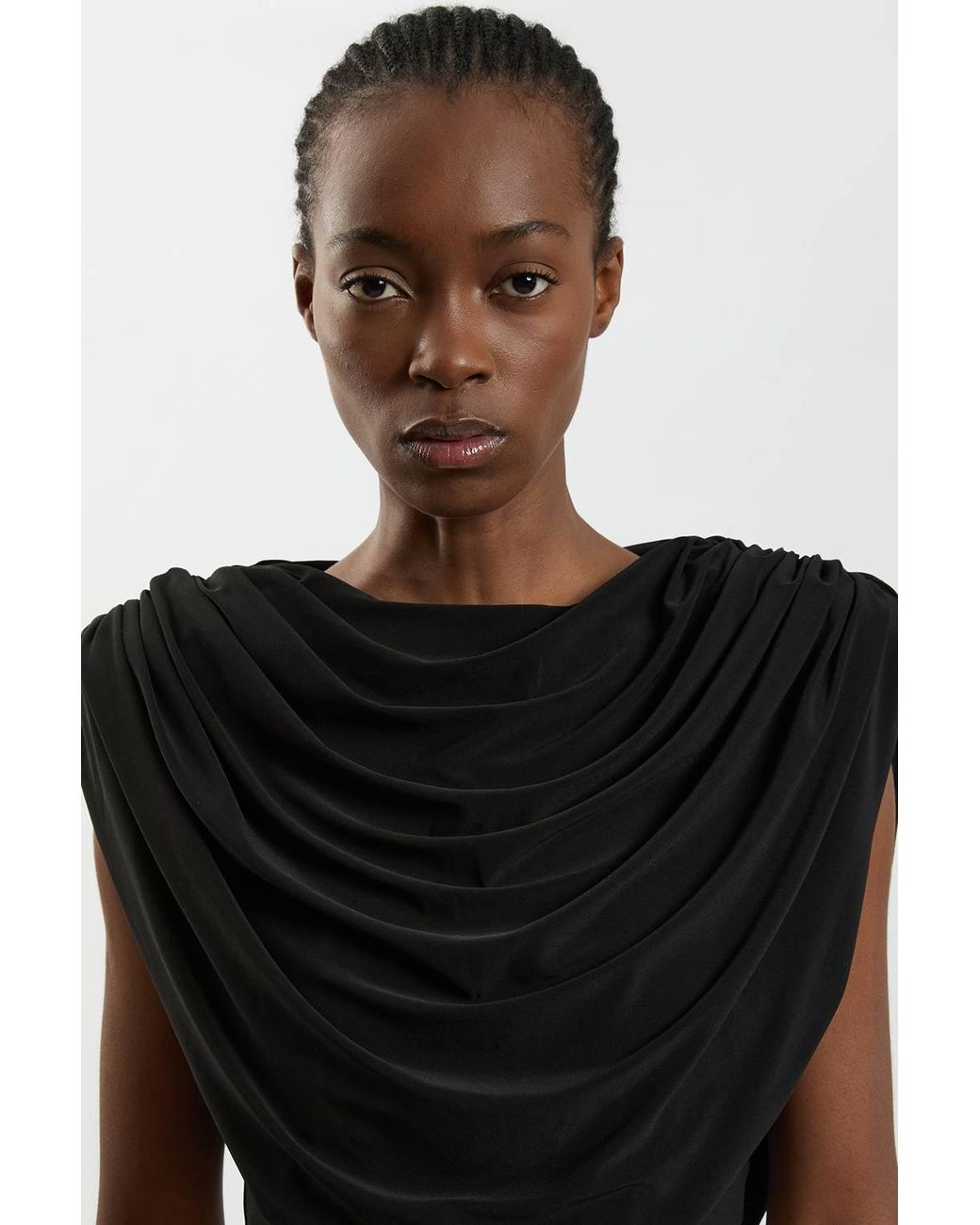 Karen Millen Black Cowl Neck Strong Shoulder Jersey Bodysuit