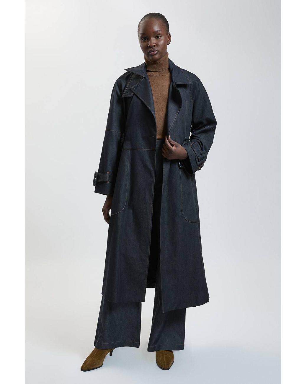 Karen Millen Blue Petite Tailored Denim High Neck Belted Trench Coat