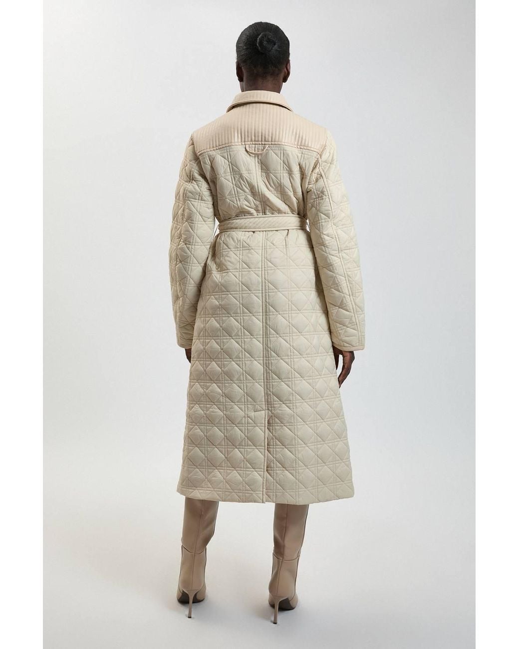 Karen Millen Natural Quilted & Pu Mix Belted Padded Midi Coat