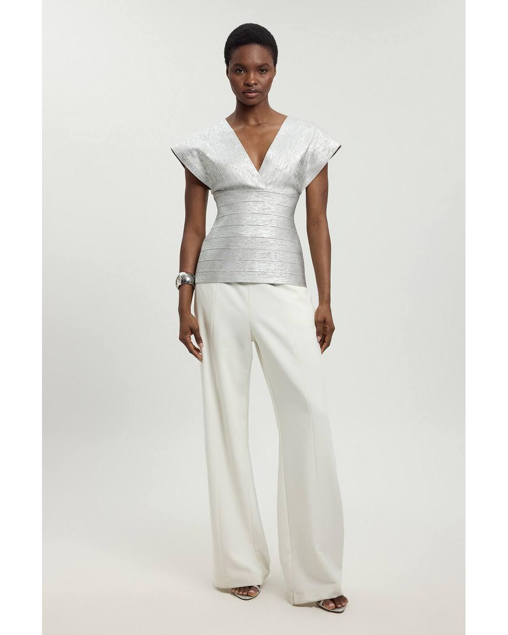 Karen Millen White Foil Metallic Figure Form Bandage Angel Sleeve Top