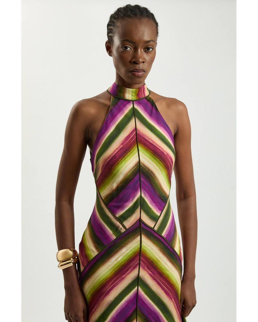 Karen Millen Purple Multi Fluid Stripe Cotton Mix Woven Halter Dress
