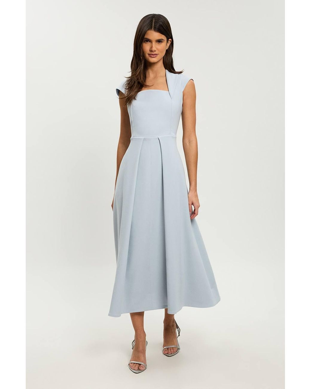 Karen Millen Blue Petite Compact Stretch Square Neck Tailored Full Skirted Maxi Dress