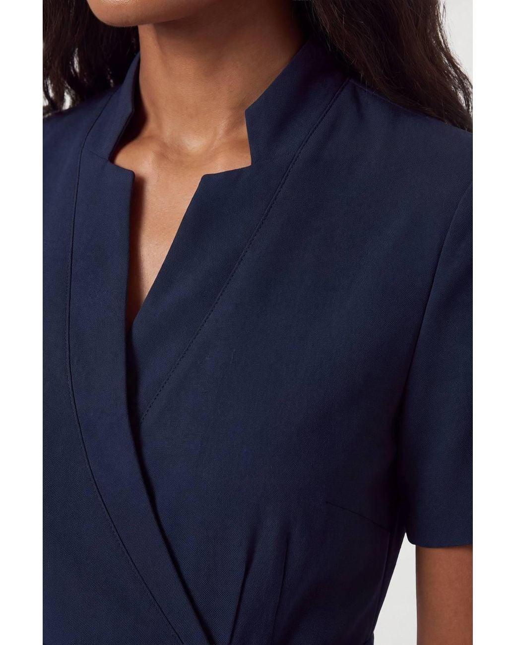 Karen Millen Blue Forever Tailored Crepe Military Pleat Notch Neck Wrap Mini Dress